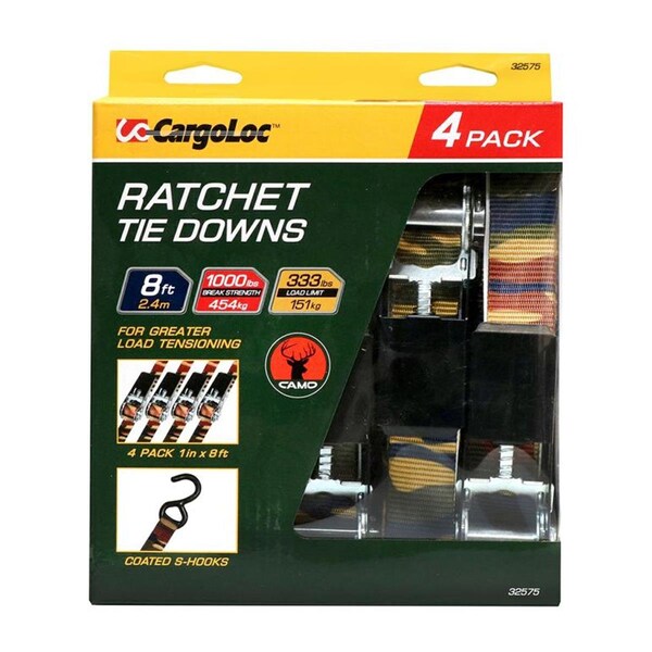 Cargoloc 8 ft. x 1 in. 1000 lbs Racheting Tie Down Strap S-Hooks, Camo - 4 Piece 32575 - main